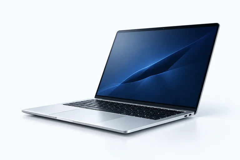 Notebook prateado aberto com tela azul escura